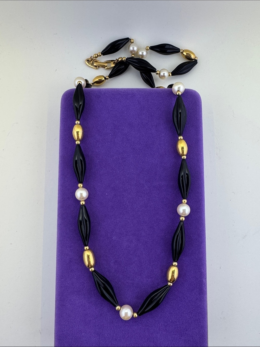 💛 Vintage Napier Black & Gold Bead & Faux Pearl Necklace | Designer